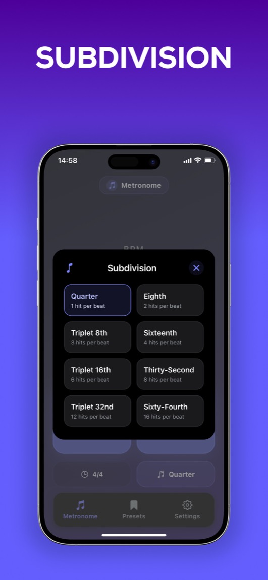 Metronome Pro iOS app main interface with BPM control and tap tempo